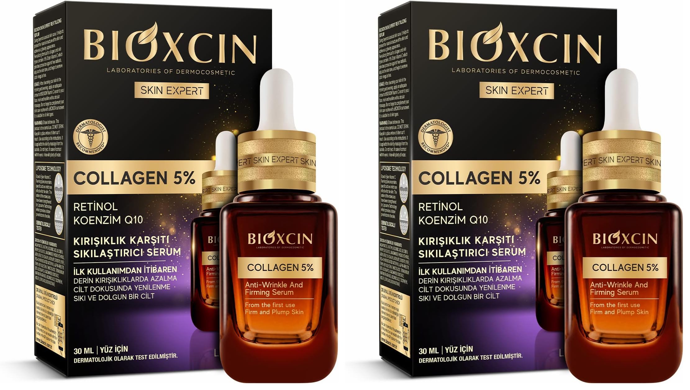 Bioxcin Collagen Serum 5% – Kırışıklık Karşıtı ve Sıkılaştırıcı Yüz Serumu – Retinol, Koenzim Q10 ve Lipozom Teknolojili – 30 ml (2 paketi)
