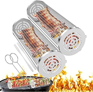 Rolling Grilling Basket, Upgrade BBQ Grill Basket for Outdoor Grill, Round Stainless Steel Grill Mesh, New Barbecue Cooking Grill Baskets Grill Accessories for Vegetable,Fries,Fish (L & M)