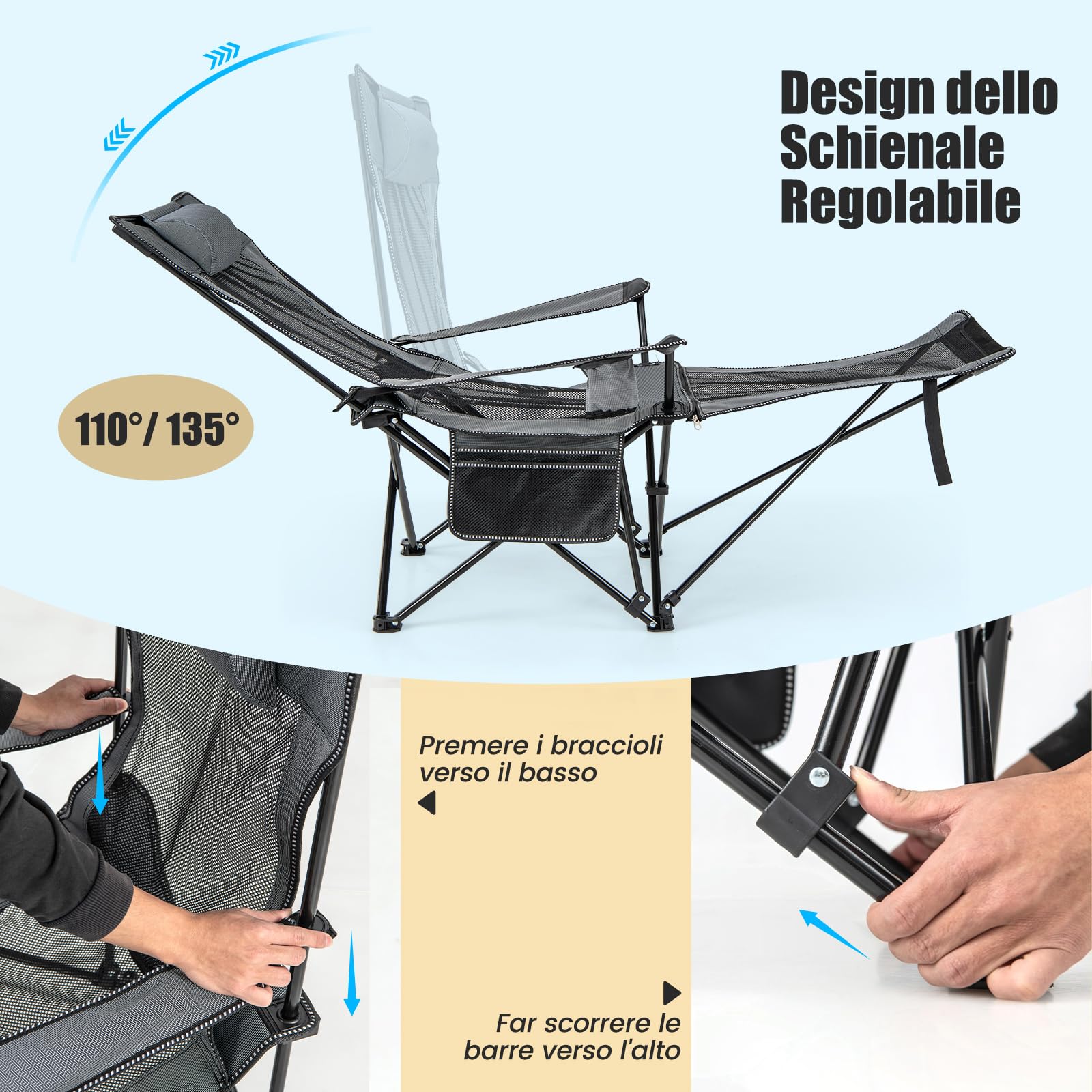 GYMAX Sedia da Campeggio, Sdraio da Spiaggia Pieghevole con Poggiapiedi Staccabile, Schienale Regolabile, Porta Bevande, Poggiatesta e Borsa da Trasporto, Sedia Reclinabile per Parco Patio(Grigio)