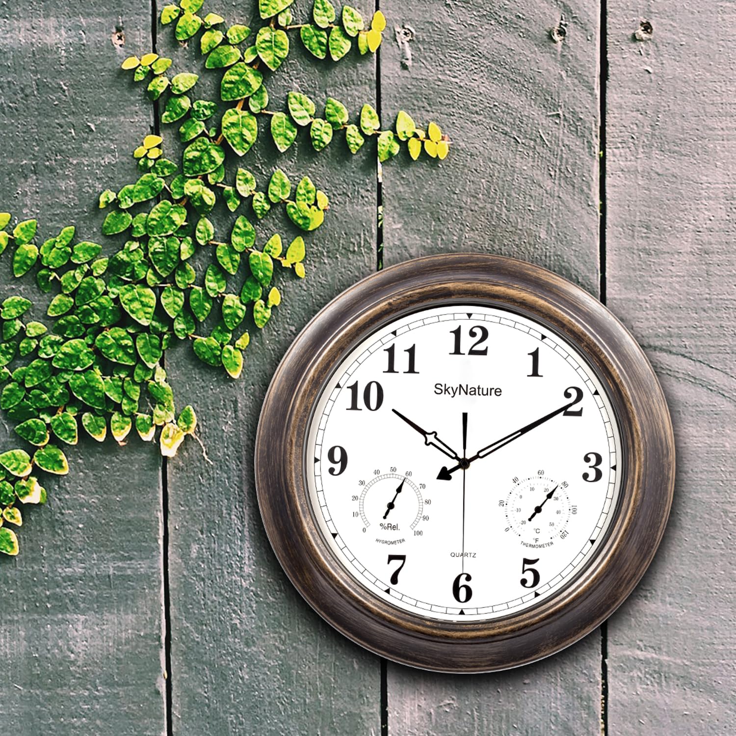 Große Outdoor Gartenuhr, 45cm Retro Wetterfest Uhr mit Thermometer und Hygrometer, Leise Ohne TickgeräUsche Metall Wanduhr, Wasserdicht Uhr für Zaun, Terrasse, Pool, Badezimmer - Bronze