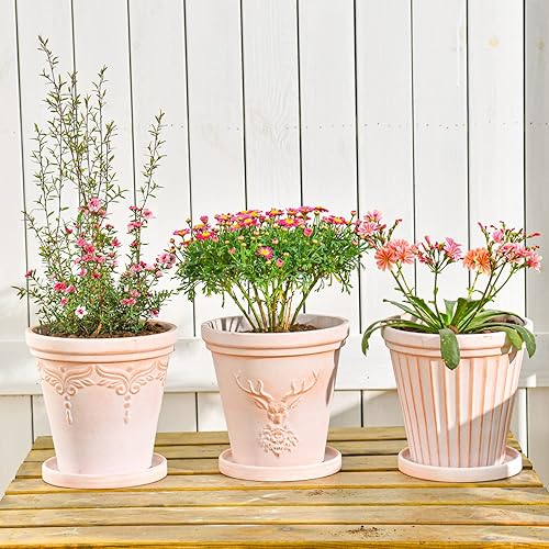 Miniatura 4 de Sungmor Juego de 3 macetas de terracota con platillo y orificio de drenaje, macetas de arcilla grandes y profundas de 8 pulgadas, cerámica única en