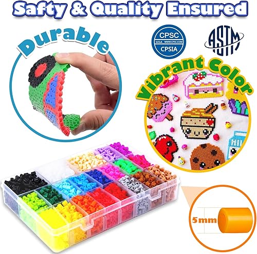 Vista 15 de FUNZBO 30000 cuentas fusibles de 0.197 in con mini hierro, 30 colores, 60 patrones, suministros de arte y manualidades para niños, juego