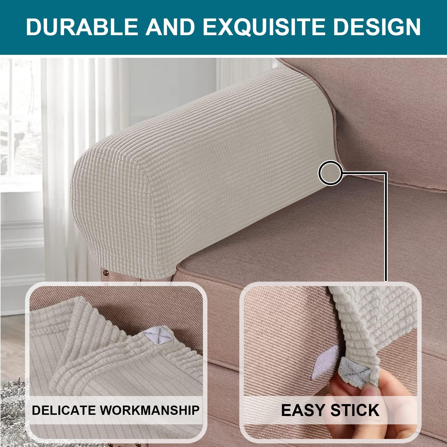 Turquoize Stretch Armrest Covers for Chairs and Sofas Couch Arm Covers for Sofa Spandex Jacquard Armrest Cover Anti-Slip Furniture Protector Armchair Slipcovers for Recliner Set of 4, Island Fossi