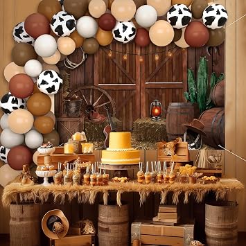 Vansolinne 91 PCS Western Cowboy Balloon Arch Kit Cowboy Birthday Party Decorations 90Pcs Cowboy Balloons and 1Pcs Western Birthday Backdrop Wild West Rodeo Baby Shower Birthday Party Supplies