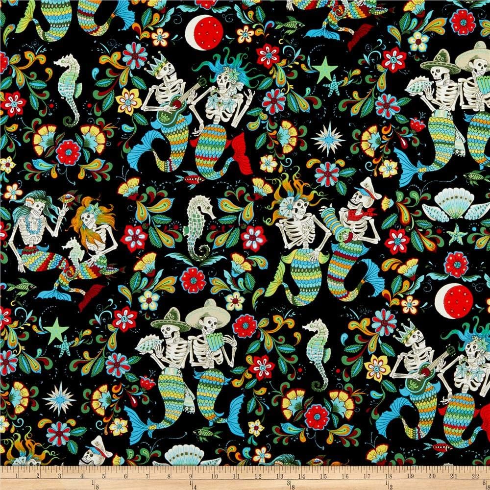 Alexander Henry Fabrics Esqueletos del Mar Skeletons Black/Multi, Quilting Fabric by the Yard
