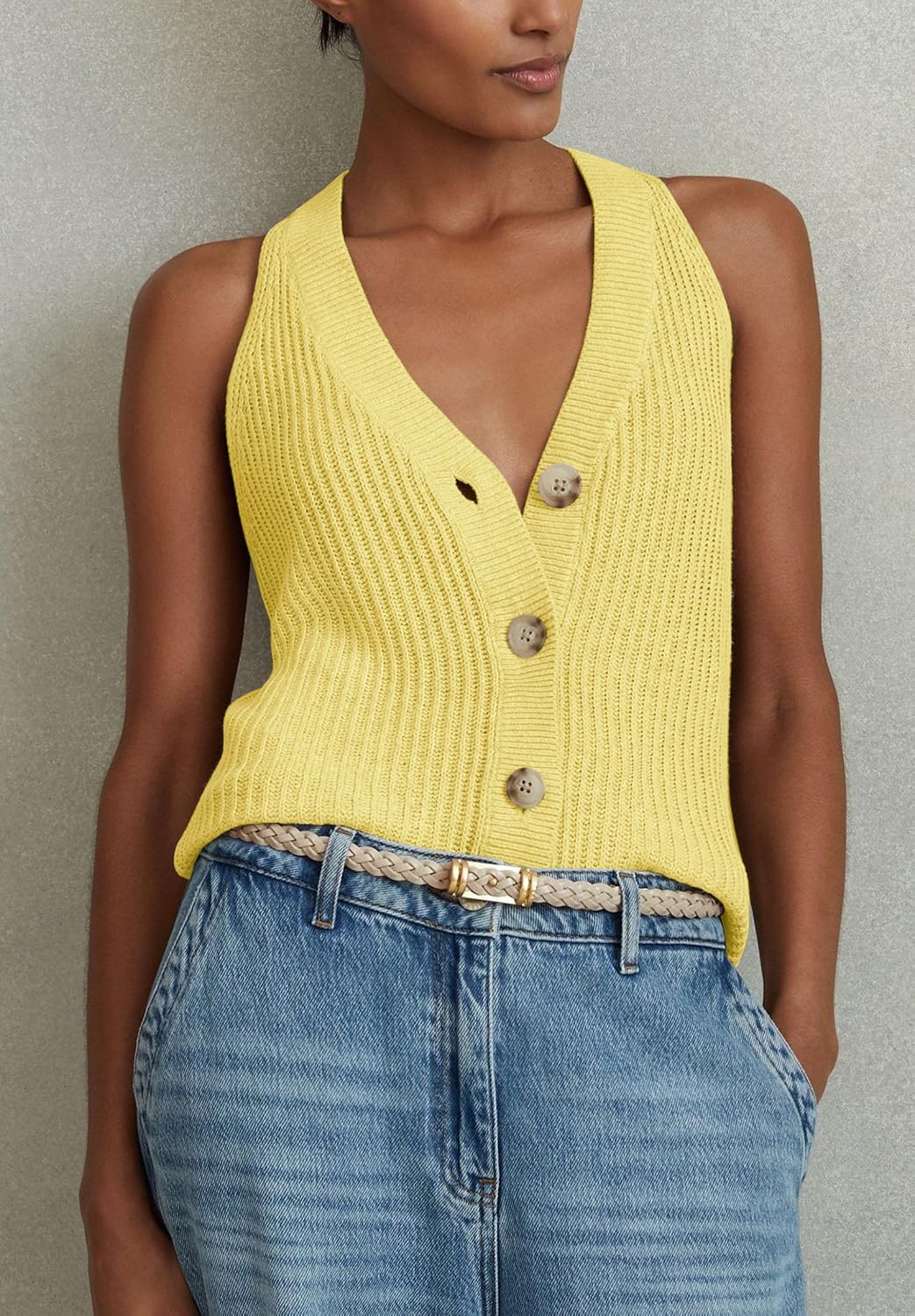 Womens Button-Front Sweater Vest Top V Neck Sleeveless Knit Tank Fitted Halter Raceback Cardigan Vest