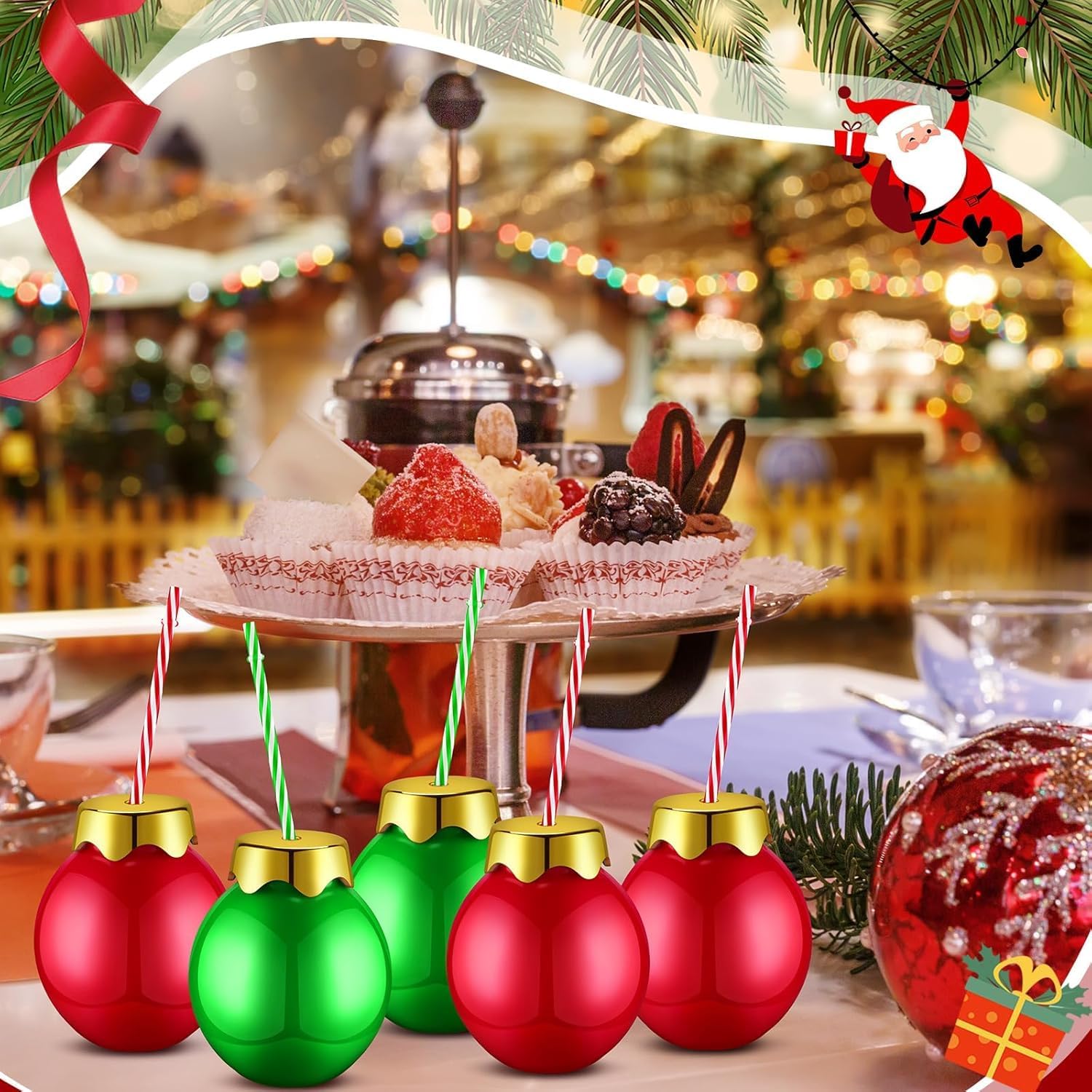 Sliner 6 Pcs Christmas Ball Shaped Cups - 12 oz Plastic Drinking Cups With Lids and Straws - Red and Green Reusable Cups for Xmas Holiday Party Supplies