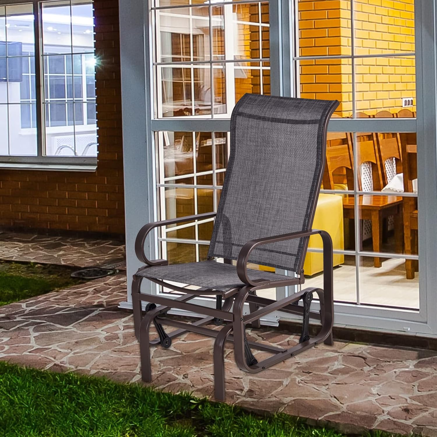 Panda Eye Swing Glider Chair, Outdoor Porch Glider Lounging Chair w/Smooth Rocking Arms, Sling Fabric Furniture Set for Garden, Porch, Backyard, Poolside, Balcony, Lawn Rocking Chairs