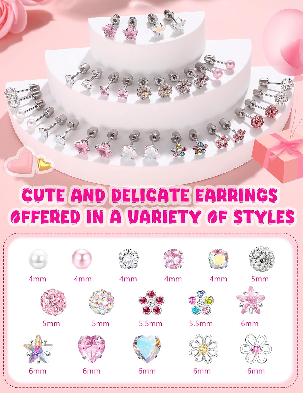 THUNARAZ 16 Pairs Hypoallergenic Earrings for Girls Kids Women Surgical Stainless Steel Earrings for Sensitive Ears Cute Flower Heart Ball Toddler Screw Back Stud Earring Flat Back Earring Set 20G - Image 3