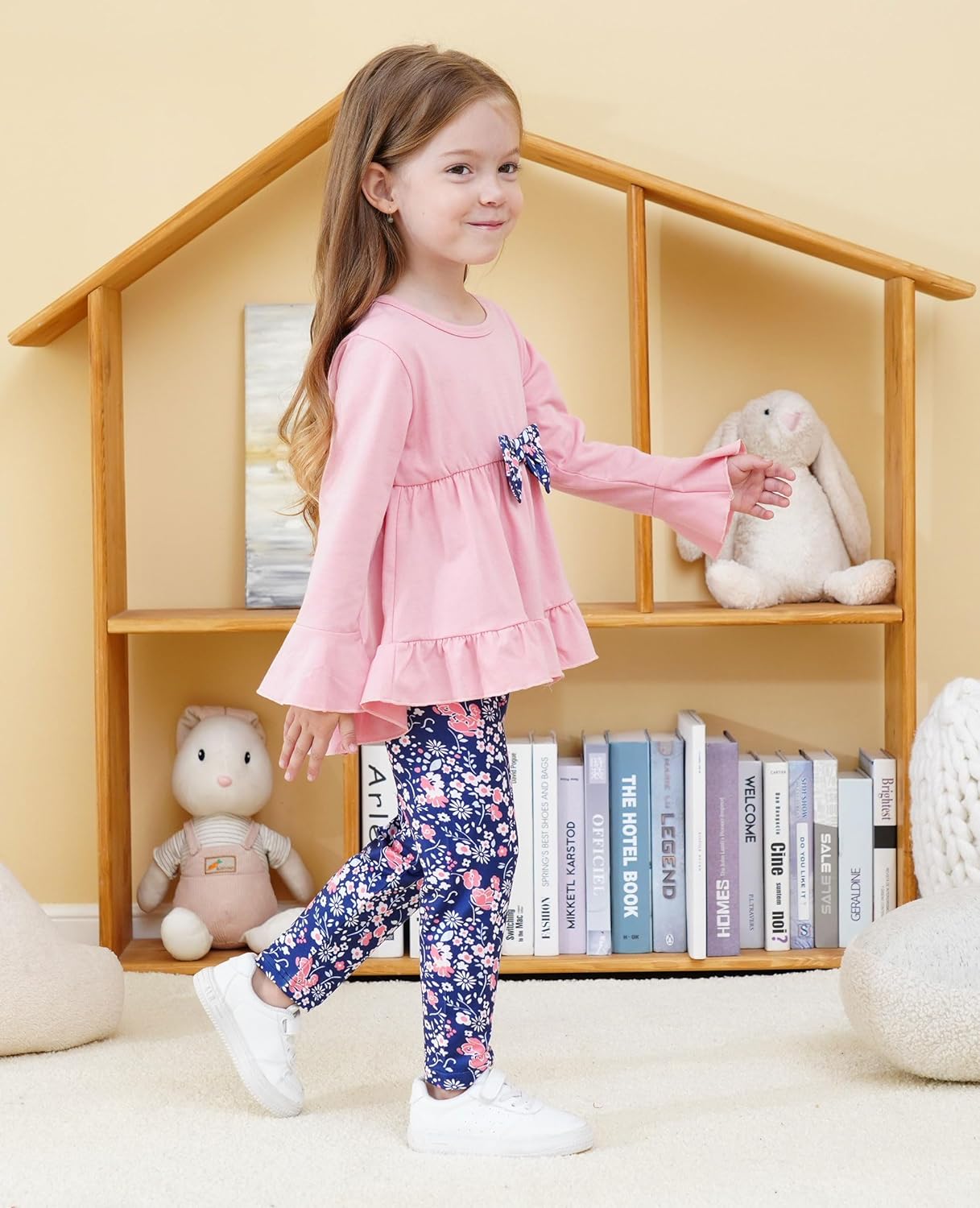 Toddler Girl Clothes 4-8Years Girls Outfit, Long Sleeve Ruffle Bowknot Top+Floral Pants 2Pcs Fall Set - Image 2