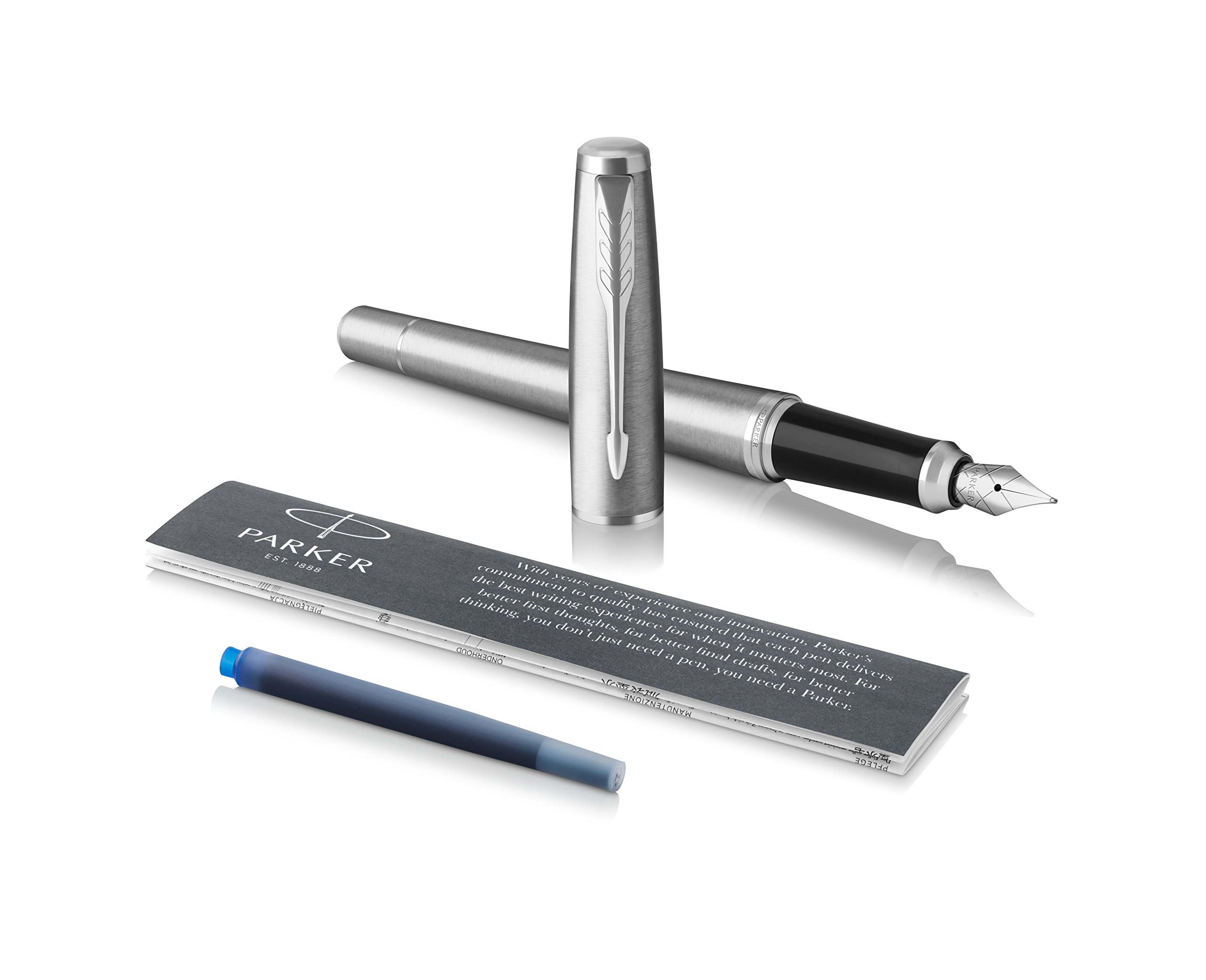 Parker (1975440 Urban Fountain Pen, Metro Metallic, Medium Nib with Blue Ink, Blister Pack, Metro metallic Chrome trim