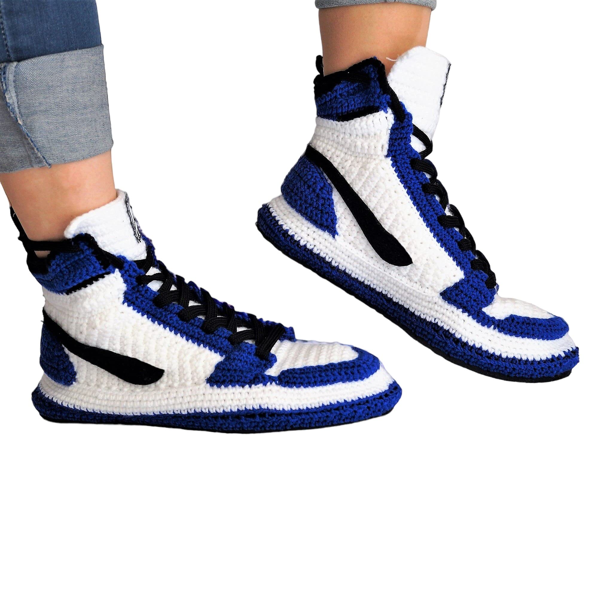 Custom Handmade University Blue Jordan-Style Sneaker Slippers Cozy Crochet Knit Plush Shoes Unisex Cotton Wool Booties for Basketball