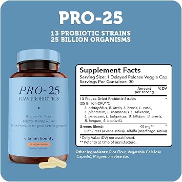 Vitamin Bounty Pro-25 Probiotics for Women & Men - 25 Billion CFU - Probiotic Prebiotic for Digestive Health & Gut Support with Lactobacillus Acidophilus, Bifidobacterium Probiotic - 30 Veg Capsules