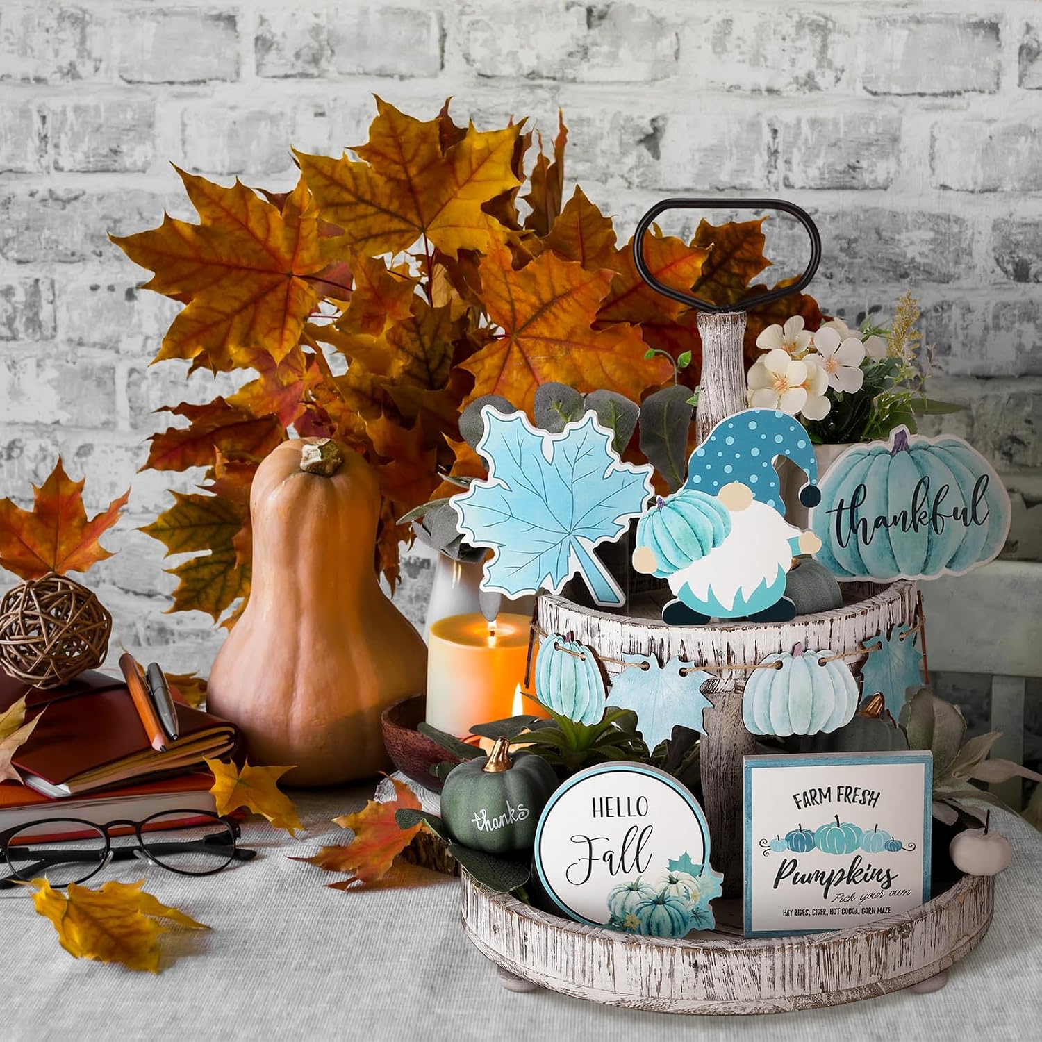 Bencailor 11 Pcs Fall Tiered Tray Decor Blue Pumpkin Decor Hello Fall Sign