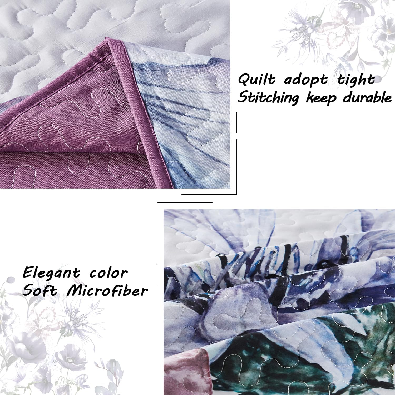 Yogeneg King Size Quilt Set, Elegant Floral Botanical Pattern Purple Bedding Set,3 Piece Lightweight Soft Summer Bedspread Coverlet with 2 PIillow Sham for All Season(Purple Floral,110"x96") - Image 5