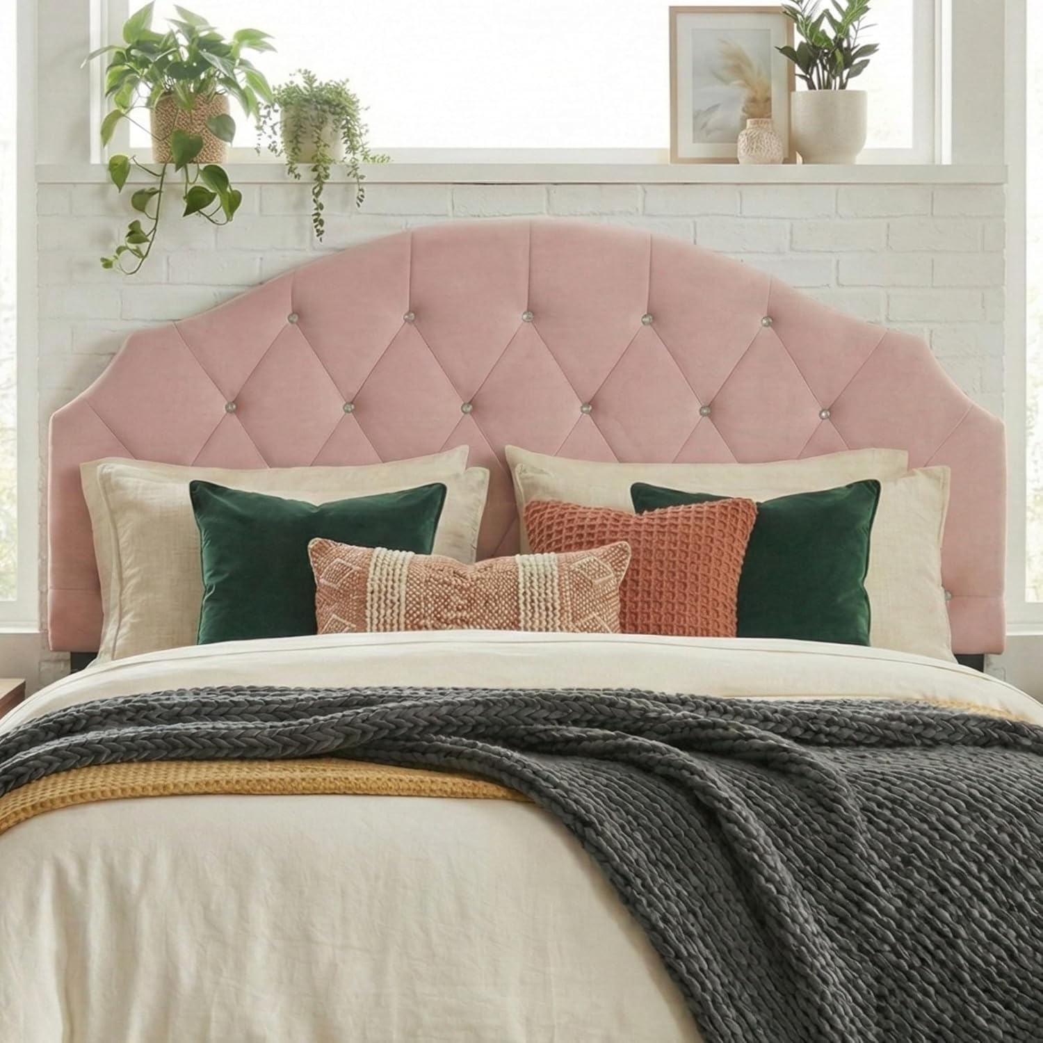 HOME DESIGN Evelina Queen Upholstered Panel Headboard, Diamond Button Tufted Velvet with Foam Padding, Pink