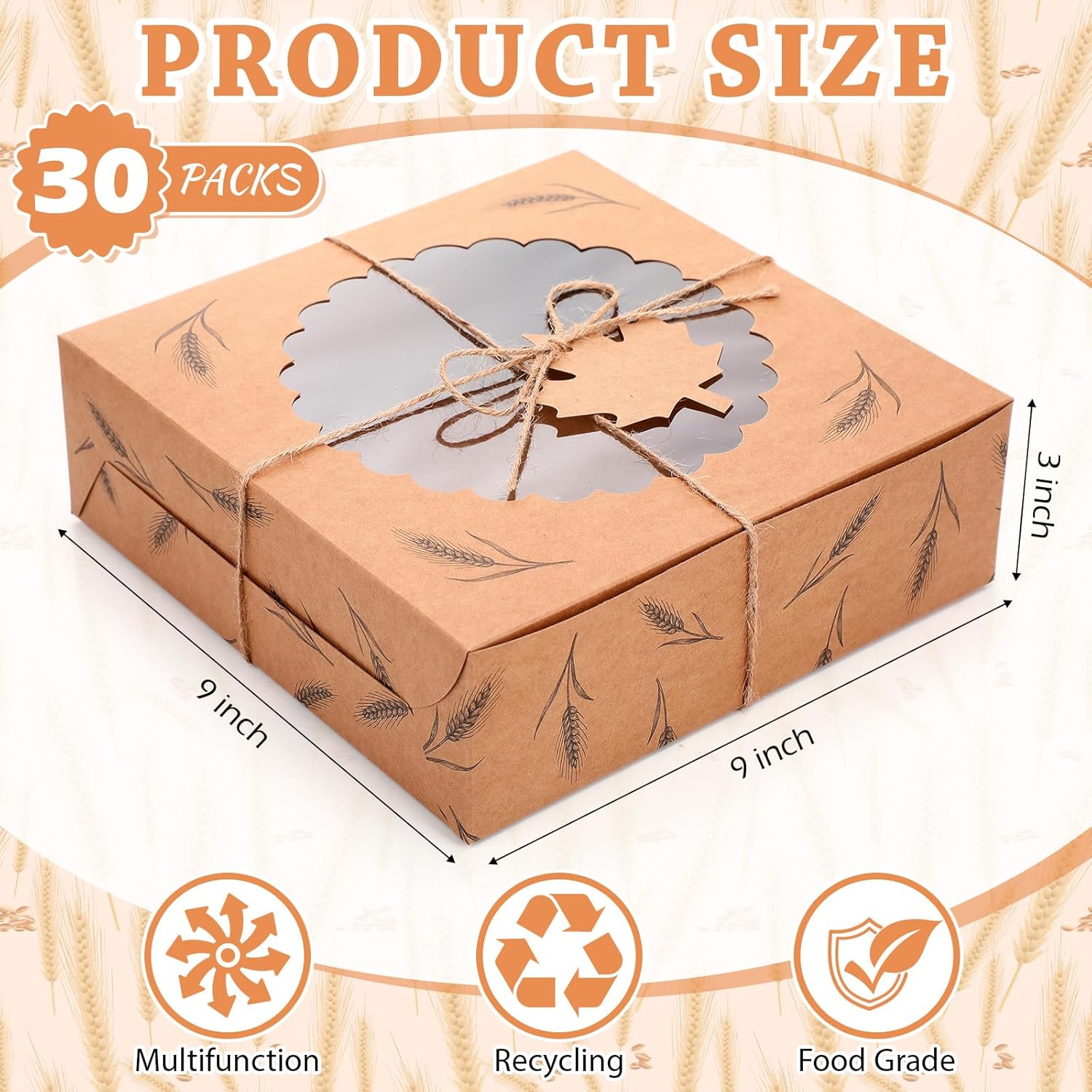 LemonRoad Thanksgiving 30 Pack Kraft Paper Bakery Boxes with Window, 9 x 9 x 3 Inches Brown Dessert Boxes for Thanksgiving Tables, Fall Harvest Parties, Birthday Supplies, Desserts, Cupcakes - Image 2