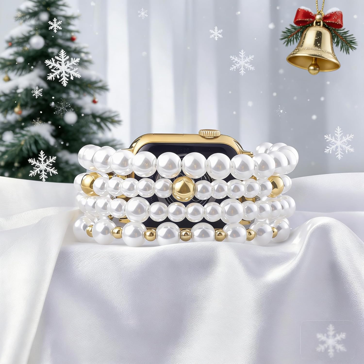 V-MORO Compatible with Apple Watch Band Pearl Series 11/10/9/8/7 46mm 45mm 44mm 42mm Women Fashion Handmade Beaded Elastic Strap Dressy Stretch Bracelet for iwatch SE Series 6/5/4/3/2/1-White/Gold - Image 5