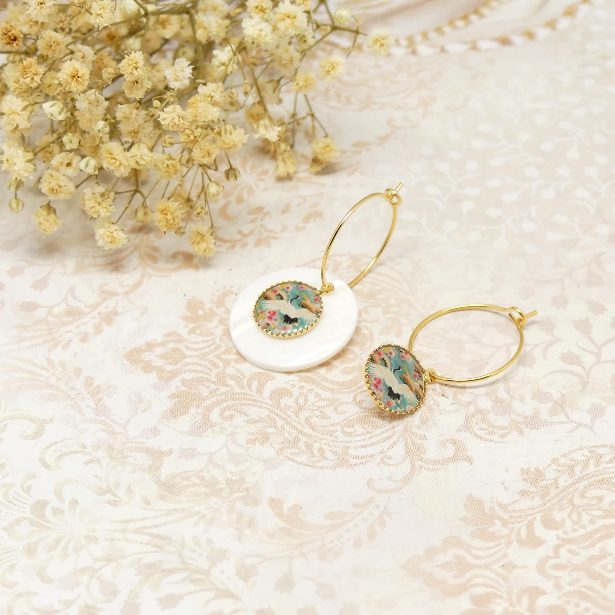 Mini aros Crane Japon verde oro rosa intercambiables latón dorado oro 24K lentejuela resina