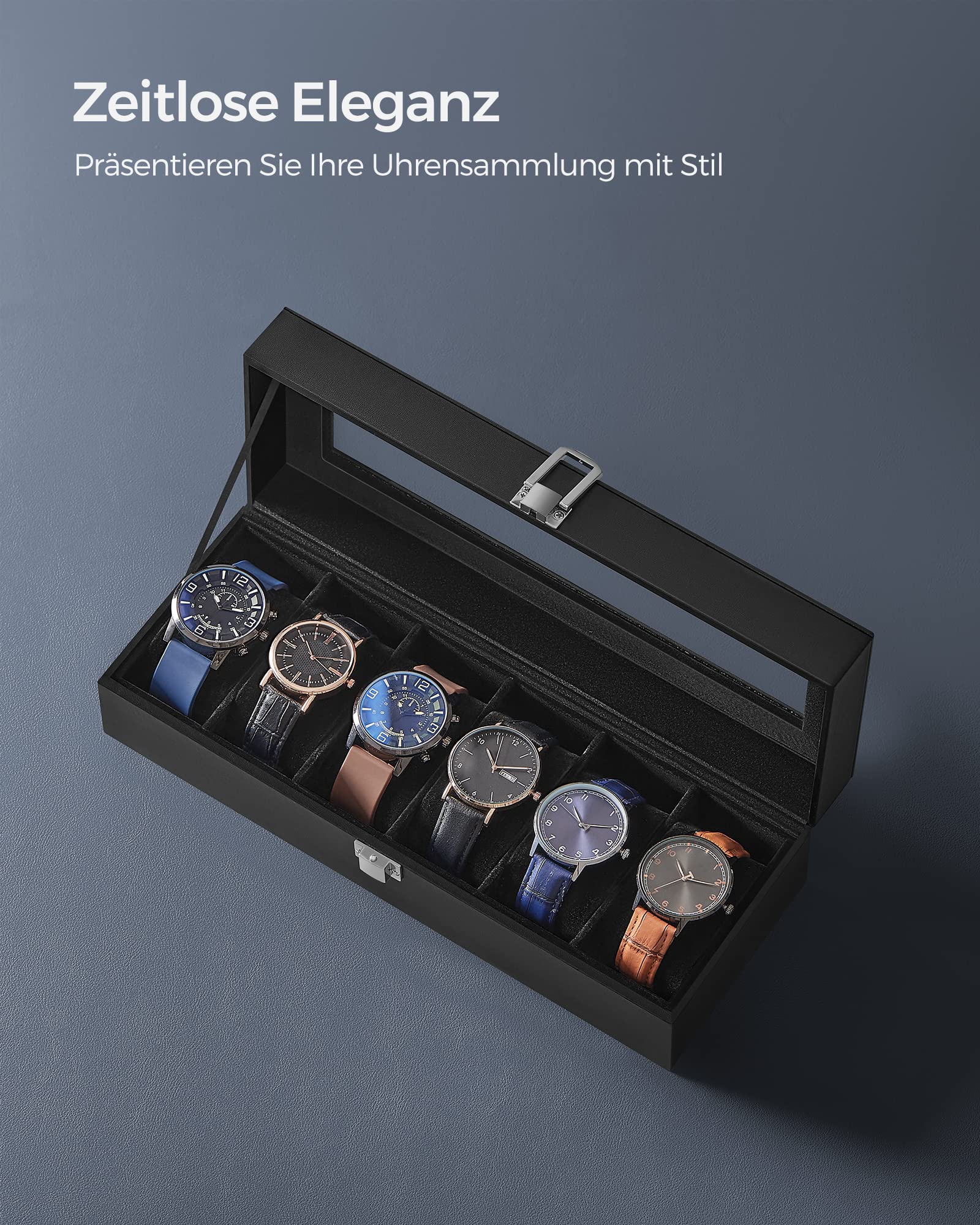 SONGMICS Uhrenbox mit 6 Fächern, Uhrenbox, Schatulle, Glasdeckel, abnehmbare Polster, Schloss aus Metall, schwarz beschichtet und Futter in Schwarz JWB06B01