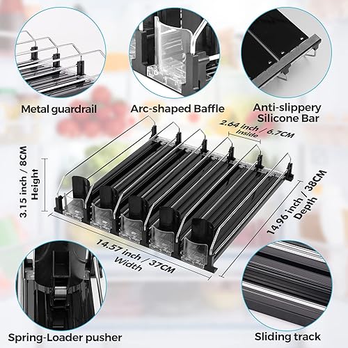 Miniatura 6 de Dispensador de bebidas para refrigerador, organizador de latas de soda autoempuje para refrigerador, 5 filas ya montadas, dispensador automático de