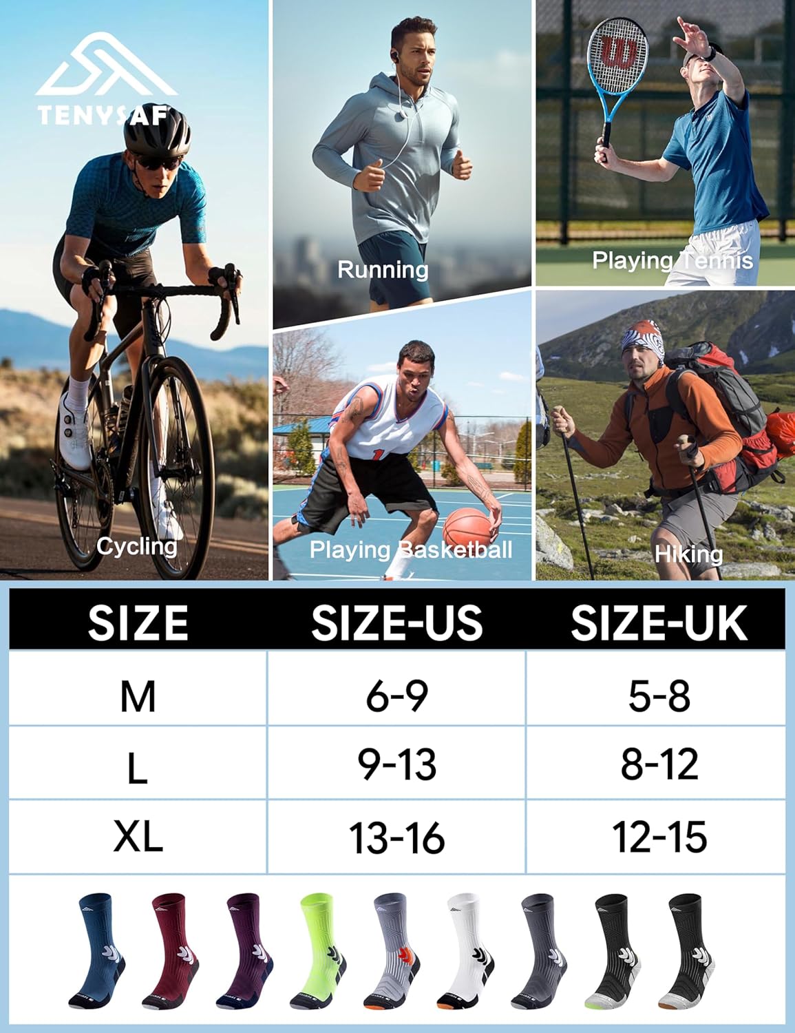 Men's Compression Running Socks: Coolmax Athletic Crew Socks Moisture Wicking Anti-Blister Cushion for Hiking 3 Pairs