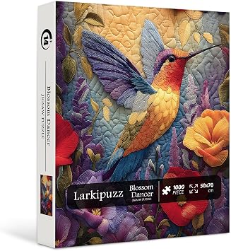 Hummingbird Puzzles for Adults 1000 Pieces, Larkipuzz Bird Patchwork Puzzle Embroidery, Unique Vintage Quilting Flower Jigsaw Puzzles for Home Decor