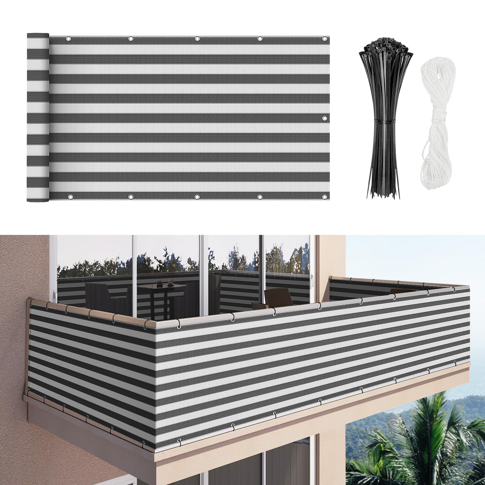 Duerer Balcony Screen Privacy Fence Cover 2.5' x 10' Anthracite White Fence Netting Mesh Shade Cloth Fabric UV Protection for Apartment Balcony Railing Outdoor, Backyard, Patio, with Cable Ties Rope