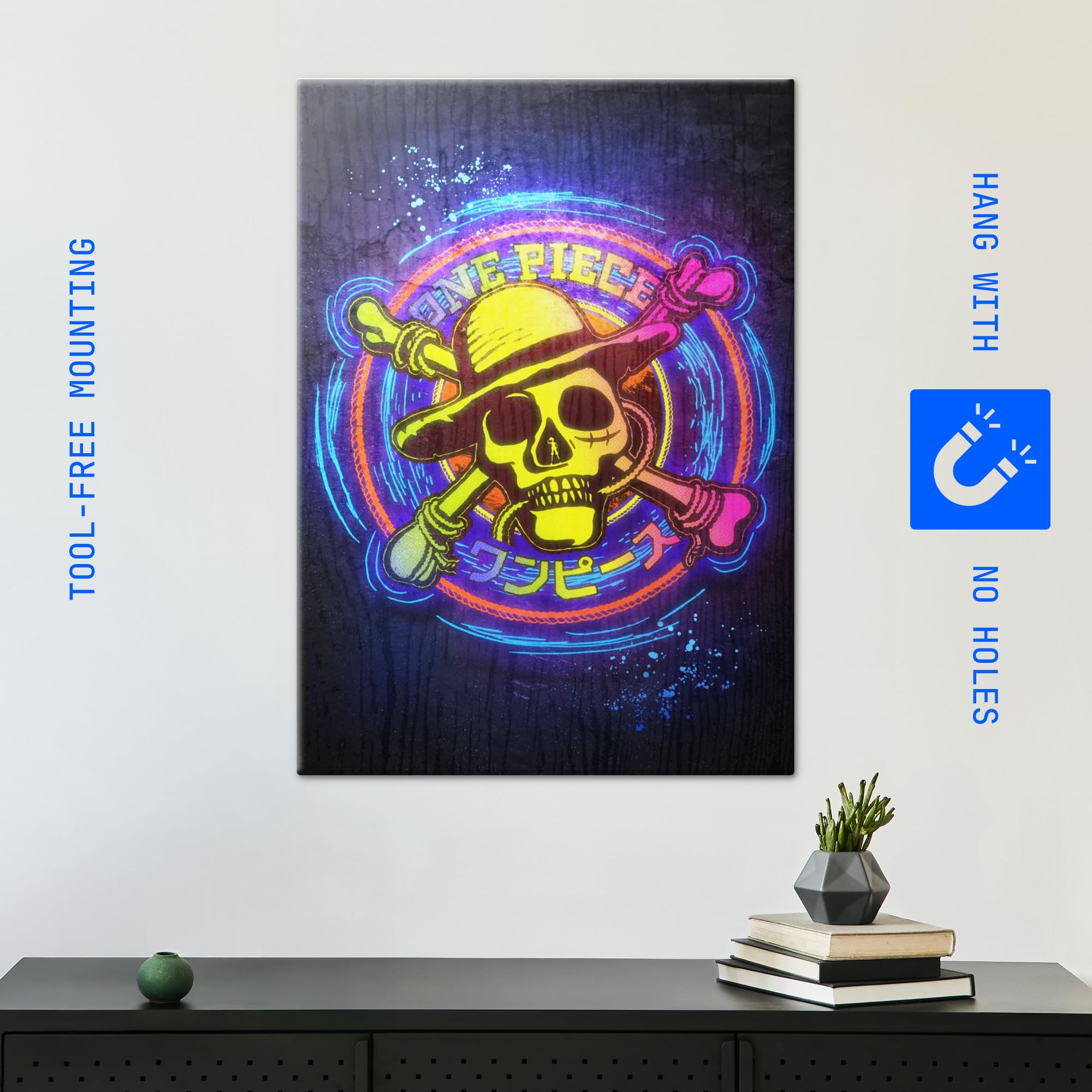 Displate Metall poster One Piece Live Action One Piece Neon Jolly Größe L | Bilder Wanddeko Wohnzimmer & Schlafzimmer Wandbilder, Geschenk. Wandkunst mit Magnet-Befestigung, ohne Bohren.