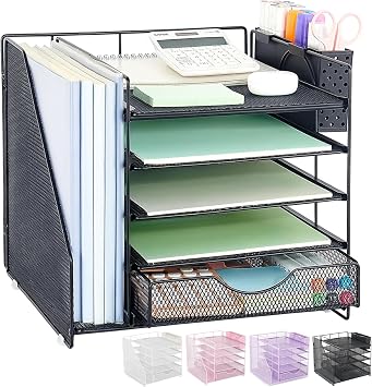 Desk Organizer with Drawer and Pen Holder, 5-Tier Paper Letter Tray Organizer with File Holder, Suitable for Workspace Organizer Office Supplies Storage Black