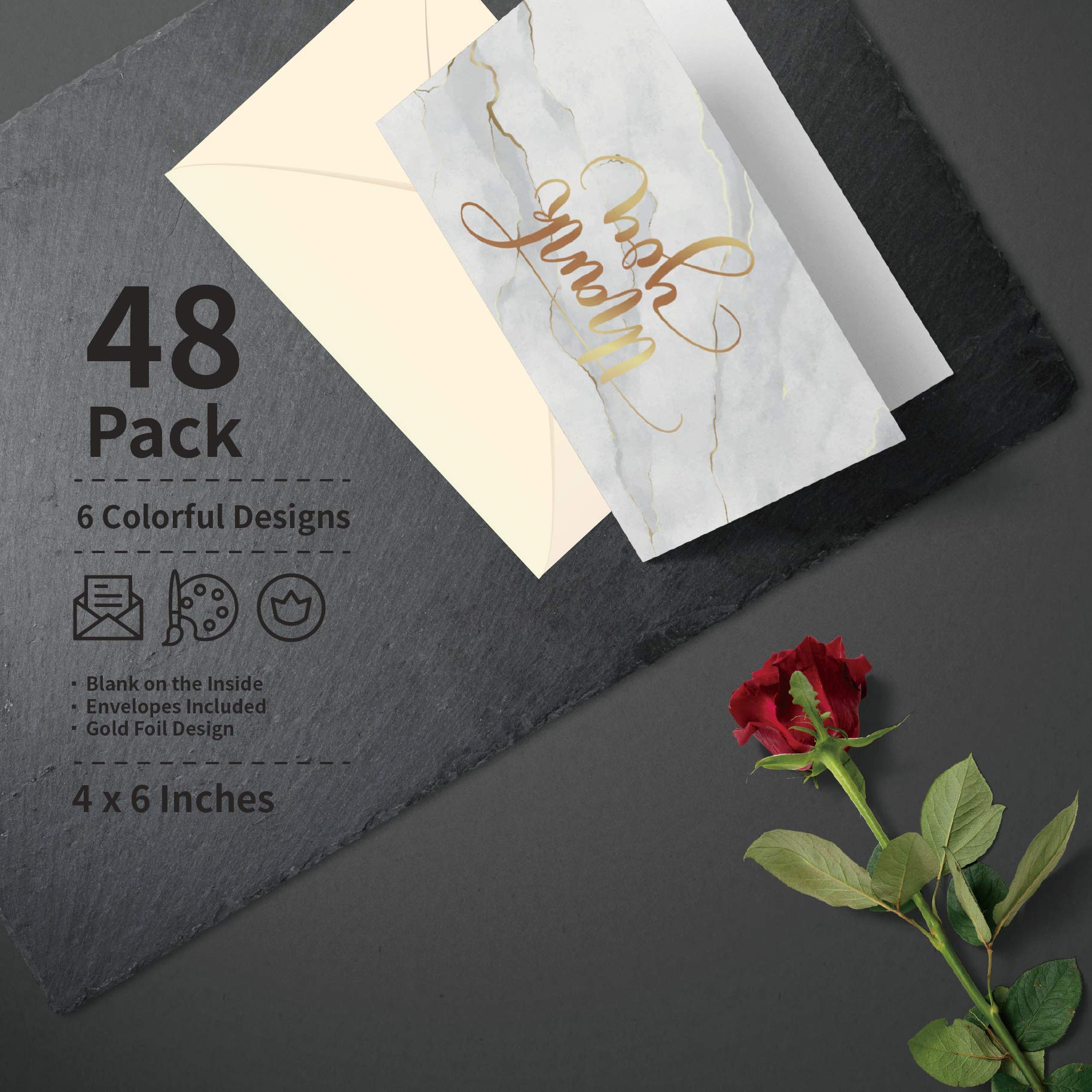 Tarjetas de agradecimiento – Paquete de 48 tarjetas de agradecimiento con sobres, tarjetas de agradecimiento a granel, 6 diseños surtidos con blanco en el interior, sobres incluidos, 10,2 x 15,2 cm