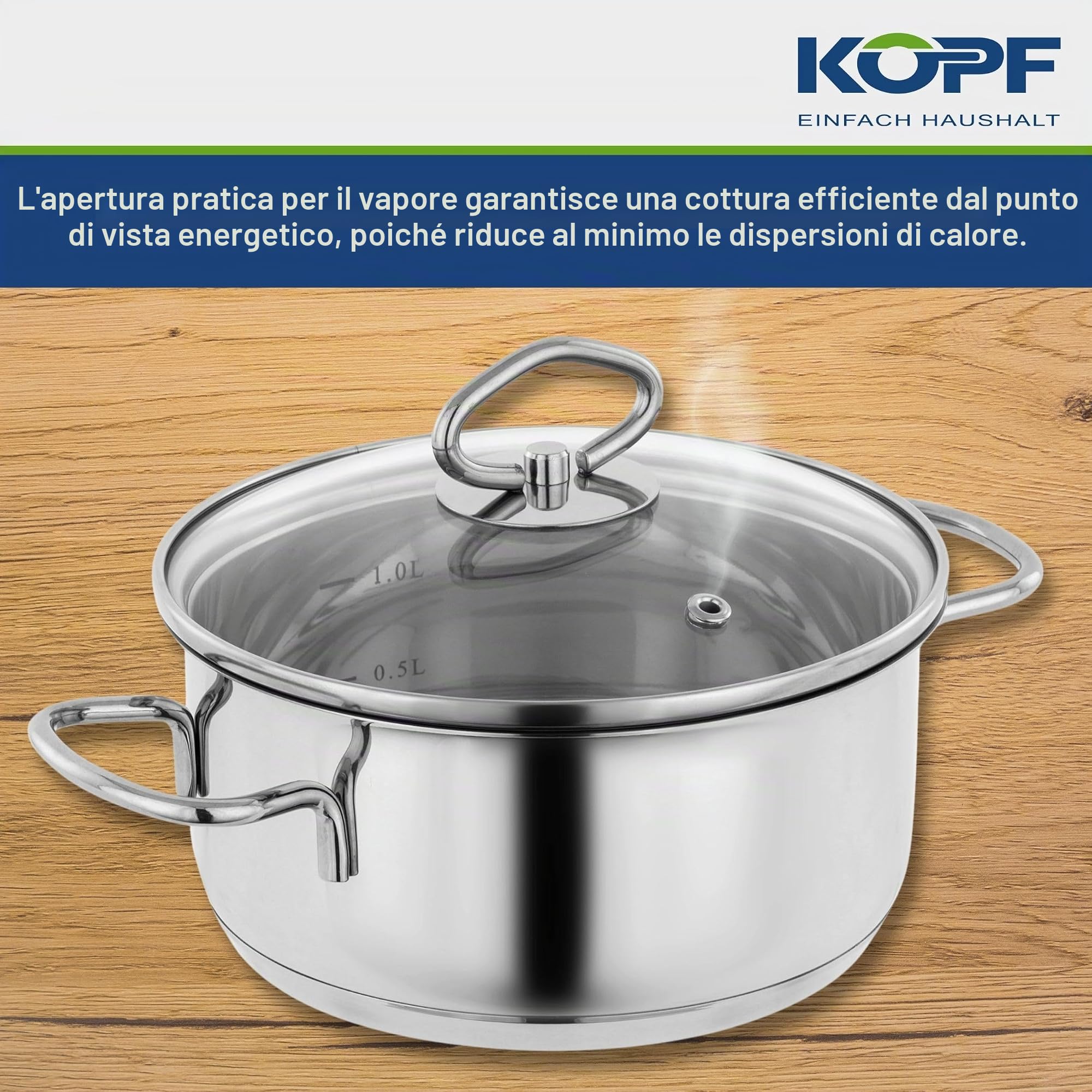 Kopf set di pentole in acciaio inossidabile - pentole a induzione con bordo di versamento, scala litri e coperchio di vetro - 4 pezzi