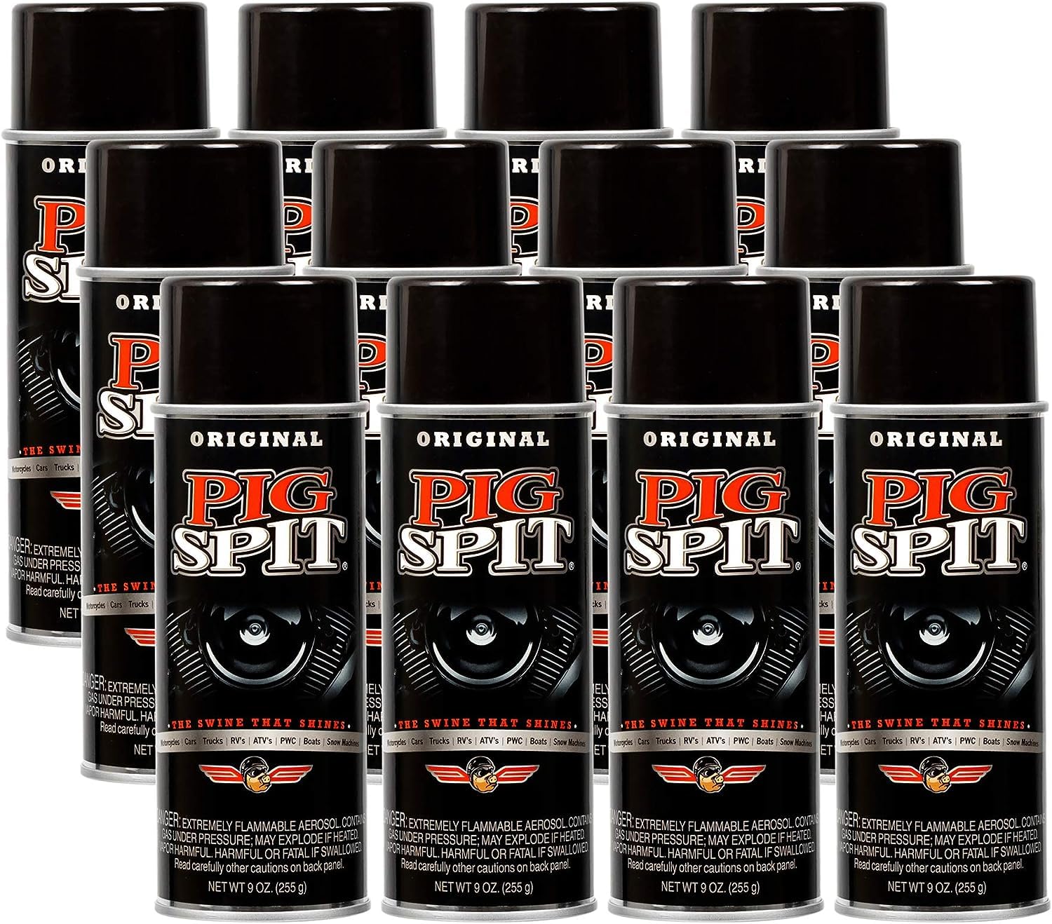 PIG SPIT Original | Shine for Engines, Trim, Tires & Vinyl | Restores Faded Black Plastic | 9 oz. | 12-Pack