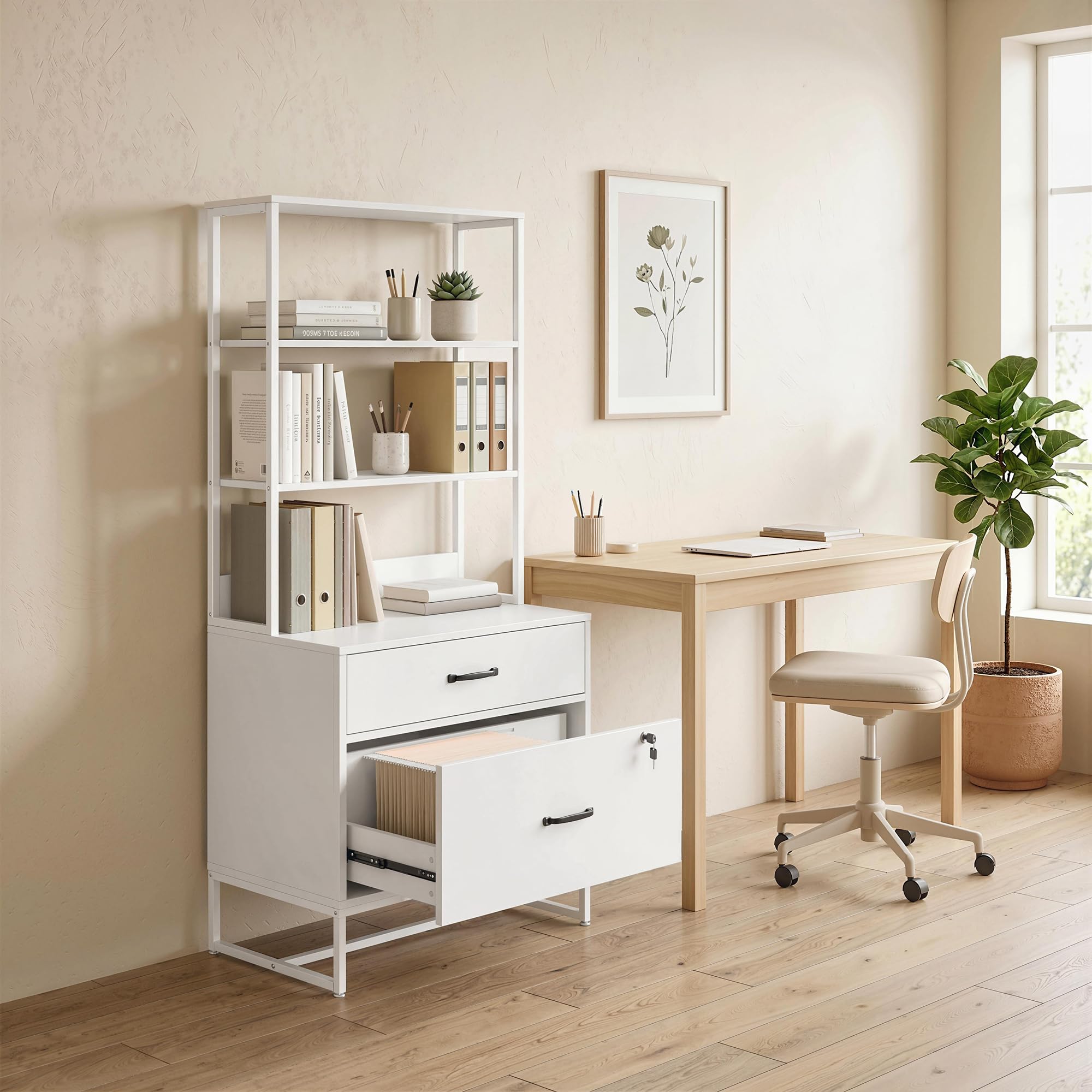 HOMCOM Cajonera Escritorio con Estantería, Mueble Archivador con 2 Cajones, Encimera para Impresora, Cerradura, para A4 Letter Legal, para Oficina, Estudio, Blanco