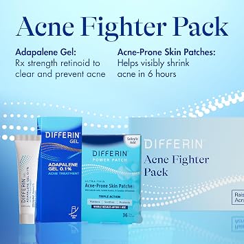 Differin Acne Fighter Pack, Differin Gel Retinoid Acne Treatment For Face with 0.1% Adapalene, 15g Tube + Salicylic Acid Pimple Patches, 36 Count, Designed for Pimple and Acne-Prone Skin