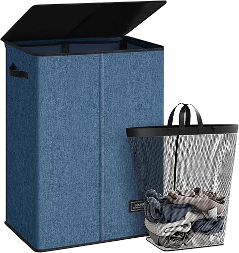 Miniatura 26 de SOLEDI Cesta de ropa con tapa, 100 L XL, cesta grande para la ropa sucia con bolsa removible, cestas de lavandería plegables, almacenamiento