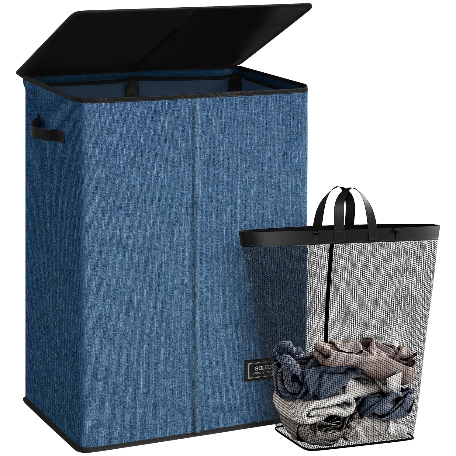 SOLEDI Laundry Hamper with Lid 130L Large & Tall Collapsible Laundry Basket, Clothes Hamper with Bag Removable Easy to Carry, Dirty Hampers for Bedroom, Bathroom, Dorm, College, Blue