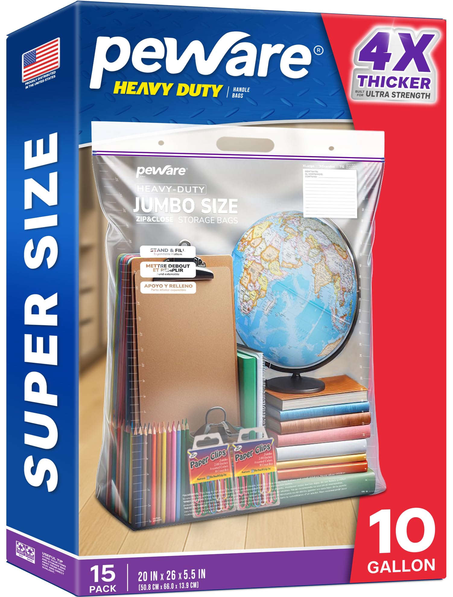 Bolsas de almacenamiento grandes resistentes de 10 galones con asa, 20 x 26 pulgadas, cremallera superior resellable, solución de almacenamiento de gran tamaño para ropa, alimentos, viajes y artículos