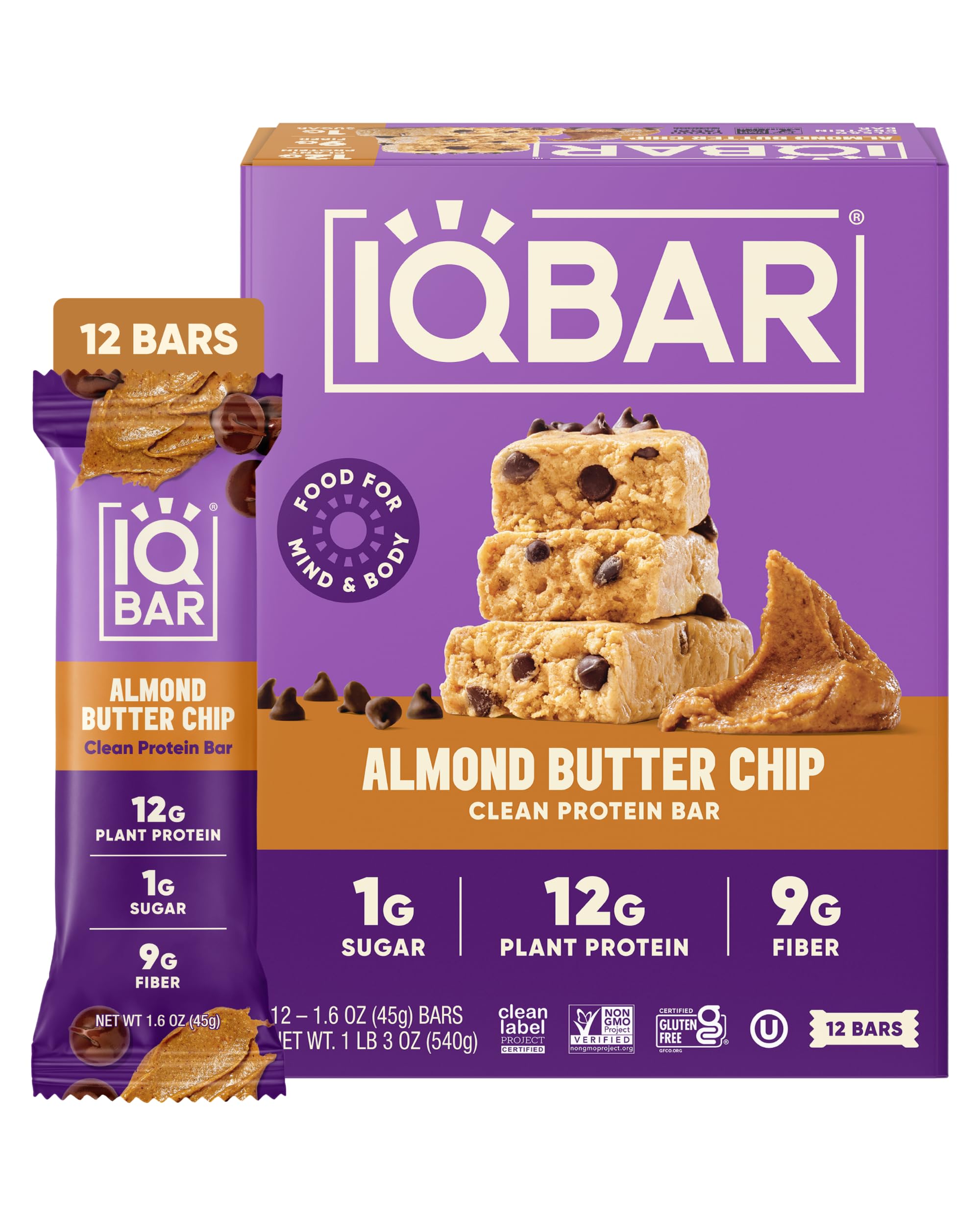 IQBAR Clean Protein Bars, Low Sugar Keto, Almond Butter Chip 12-Count | High Fiber Plant Based Snacks, Clean Label Project Certified | Gluten Free, Dairy Free, Vegan, Soy Free
