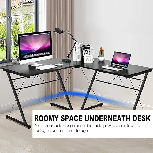 Miniatura 8 de Tangkula Escritorio en forma de L, escritorio de esquina para computadora, ahorro de espacio y multifuncional, escritorio de oficina en casa,