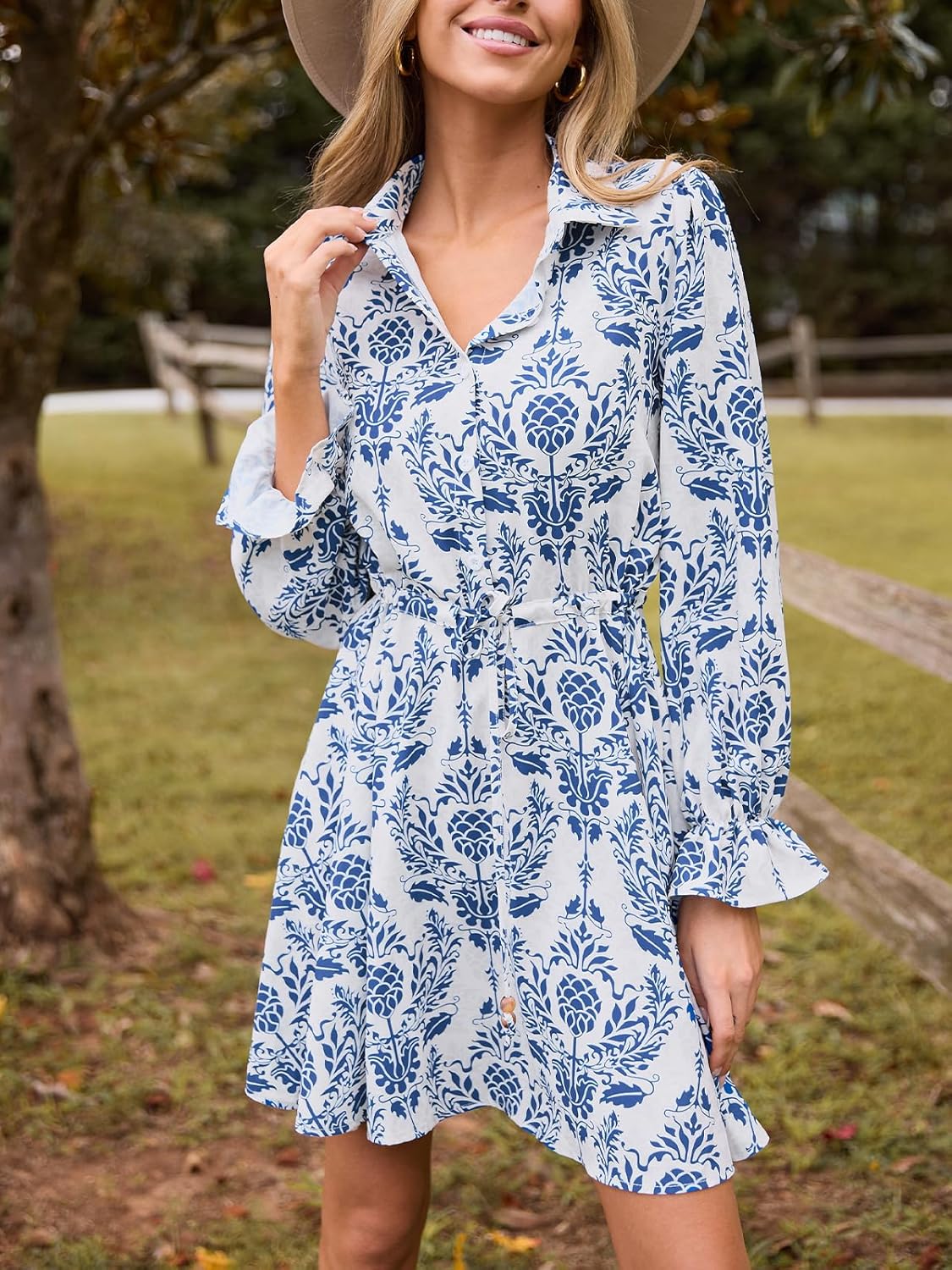 CUPSHE Paisley Mini Fall Dresses for Women Collared Neck Ruffle Long Poet Sleeve Front Button Up Waist Tie Autumn Dress - Image 6