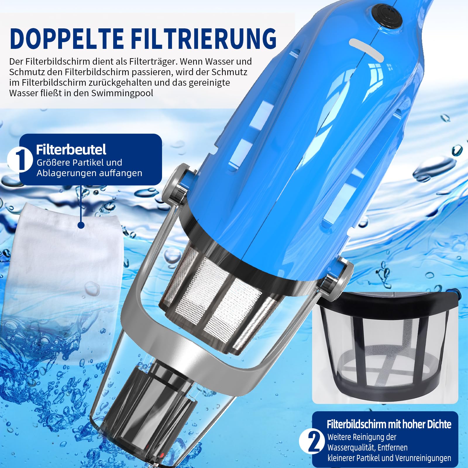 2026 Poolsauger mit Akku, Pool Bodensauger Handsauger Kabellos, 60 Minuten Laufzeit Elektrisch Pool Staubsauger mit Teleskopstange, Poolreiniger für Spas, Whirlpools, Pools, Blau