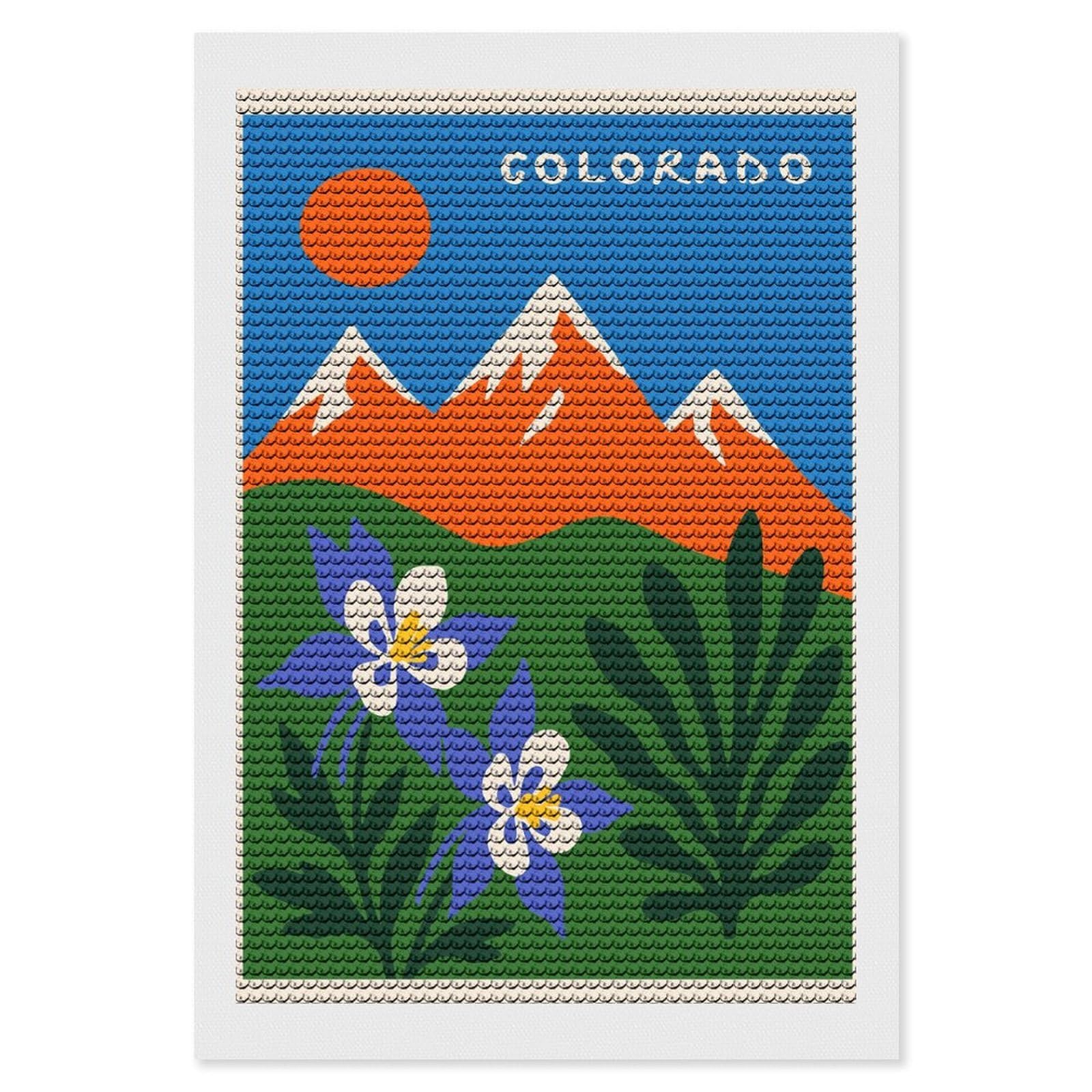 Junmoney Colorado Landscape with Columbine Flowers Diamond Painting Canvas Kit 8"x12", Round Gems, Living Room Decor, Seasonal Gift Choice, Modern Decor