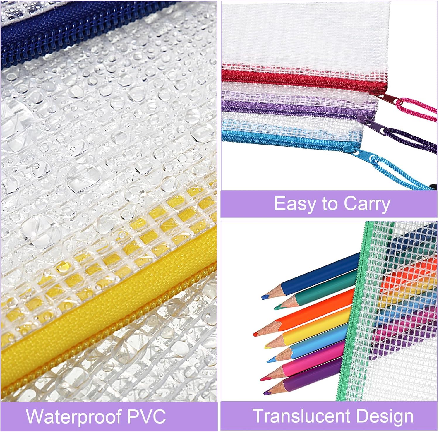 Bokon 200 Pcs 9.45 x 4.5'' Mesh Zipper Pouch Bulk 10 Colors Pencil Pouch Bulk Waterproof Clear File Bags Plastic Pencil Bags for School Travel Cosmetics Office Organizer - Image 2