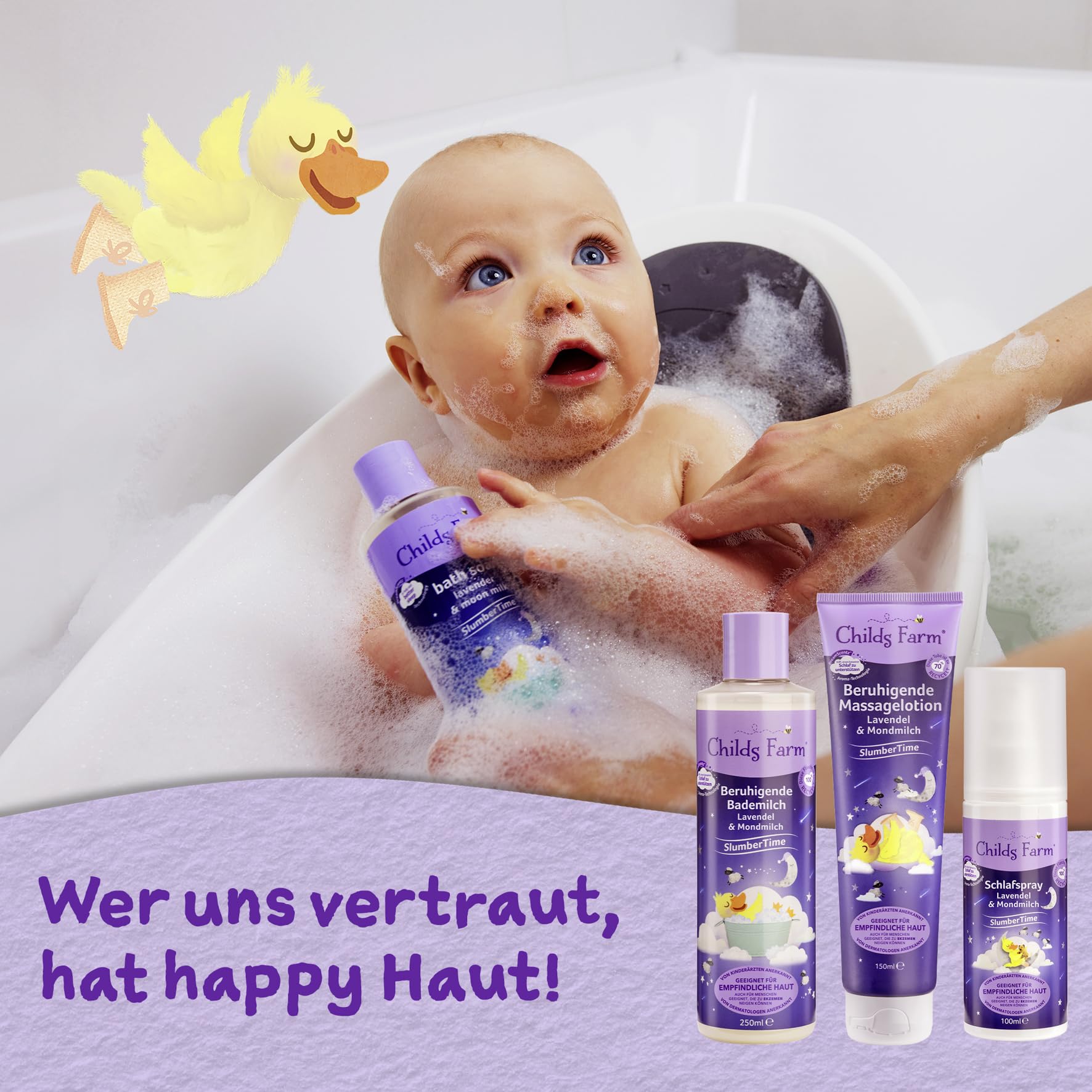 Childs Farm SlumberTime uspokajające mleczko do kąpieli, lawendowe i księżycowe, 250 ml, delikatne kąpiele piankowe przed snem, dla wrażliwych lub skłonnych do egzemy noworodków, skóry niemowląt i