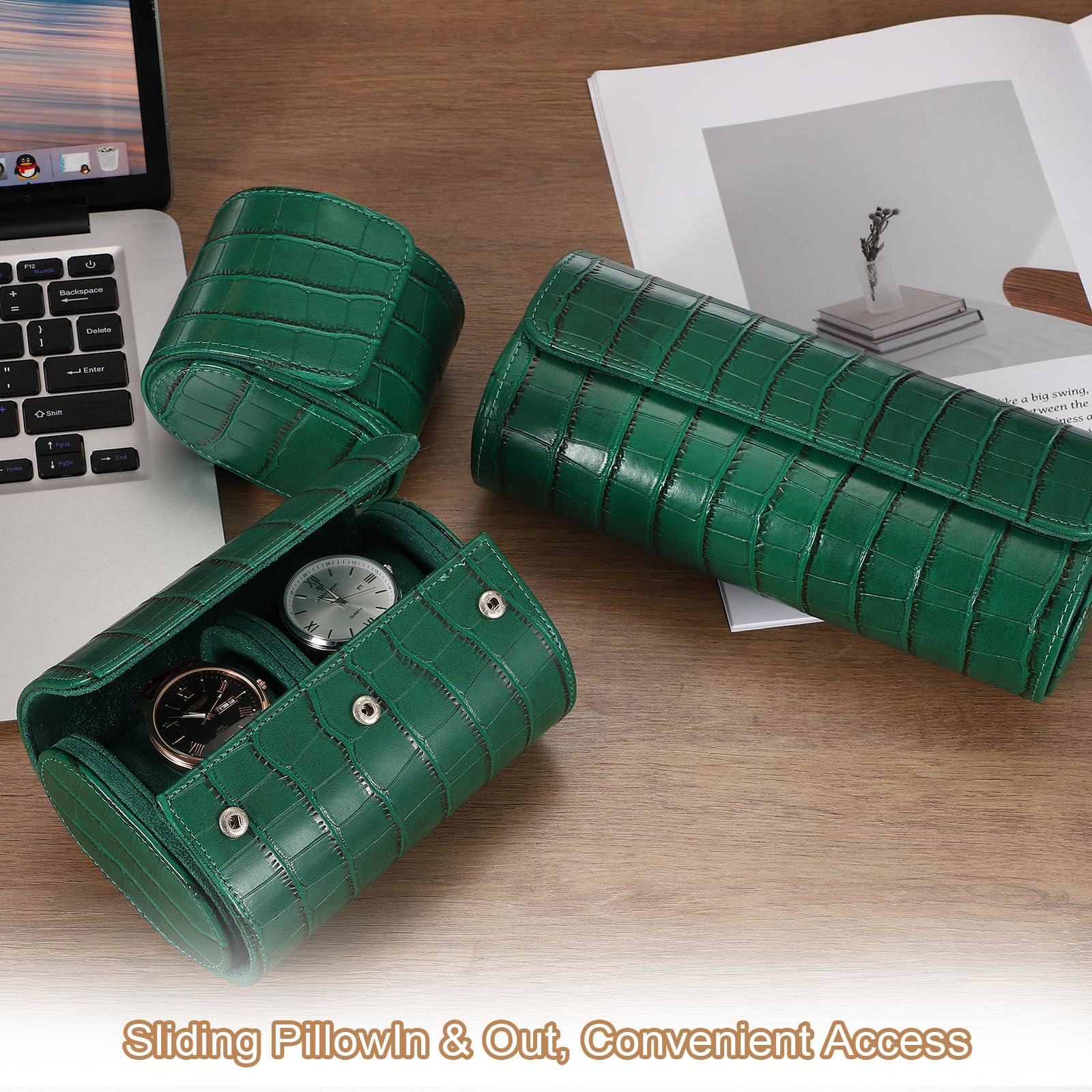 Custodia da viaggio per orologio da uomo in pelle con motivo coccodrillo, astuccio arrotolabile per orologio, scatola portaoggetti portatile per orologio, ideale per Natale, compleanno e anniversari
