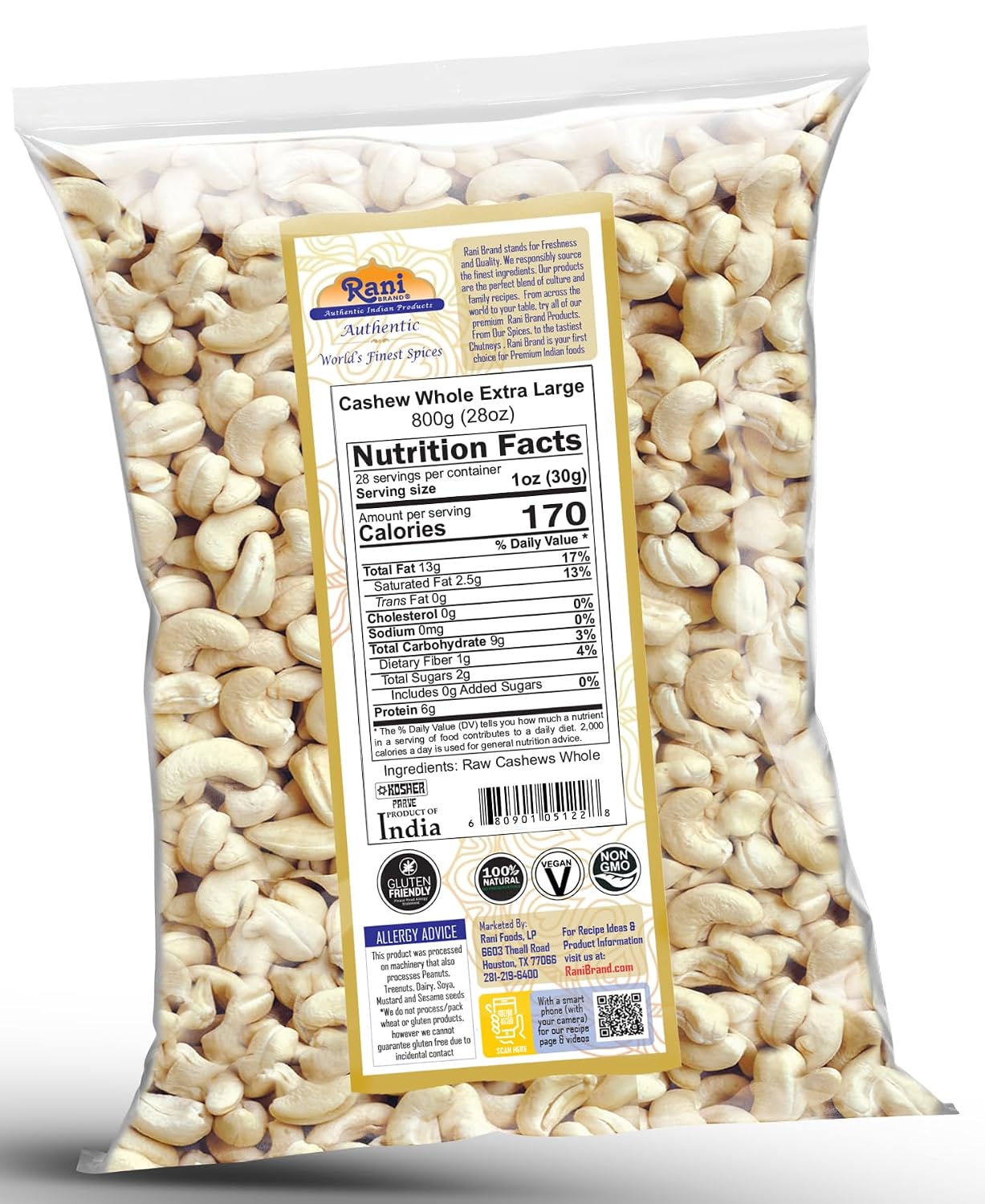 Rani Raw Cashews Whole W180 Extra Large (uncooked, unsalted) 28oz (800g) ~ All Natural, No Preservatives | Vegan | NON-GMO | Kosher | Gluten Friendly image 2