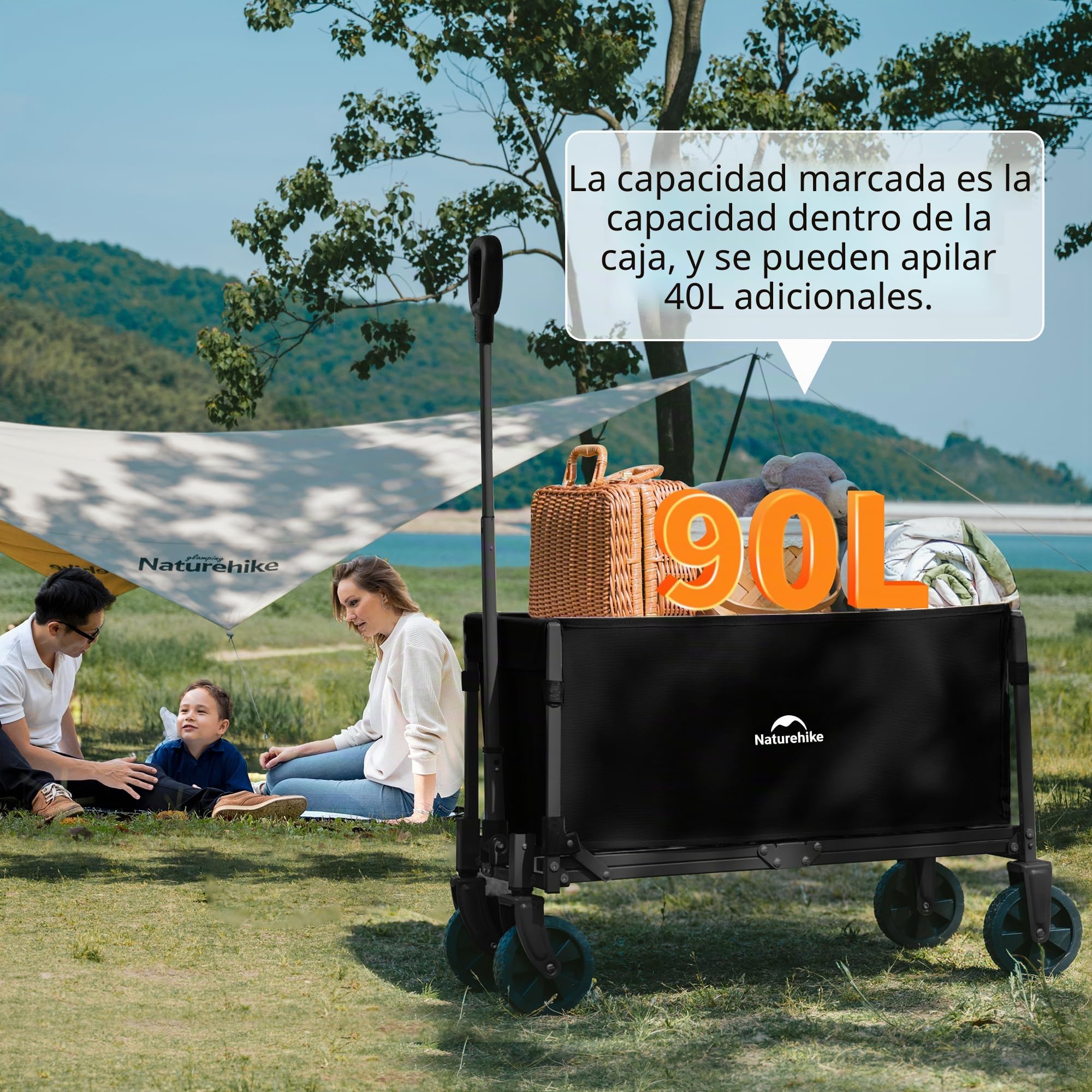 Naturehike 120kg Carro Playa Plegable con Ruedas Grandes, Carrito Camping Transporte para Jardín, Gran Vagón Plegable con Manija Ajustable & Bolsillos