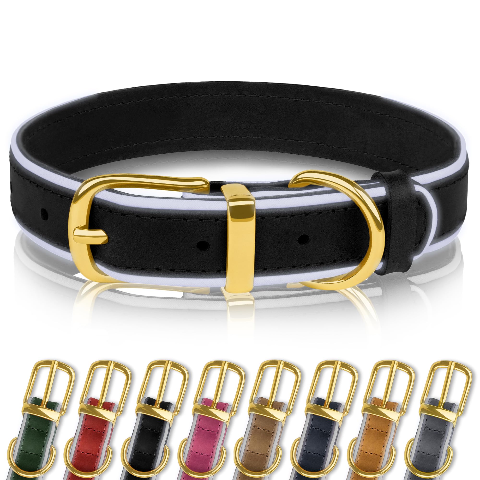 OOPSDOGGY Reflective Geniune Leather Dog Collar Soft Padded Collars for Small Medium Large Breed Dogs Puppy 4 Sizes
