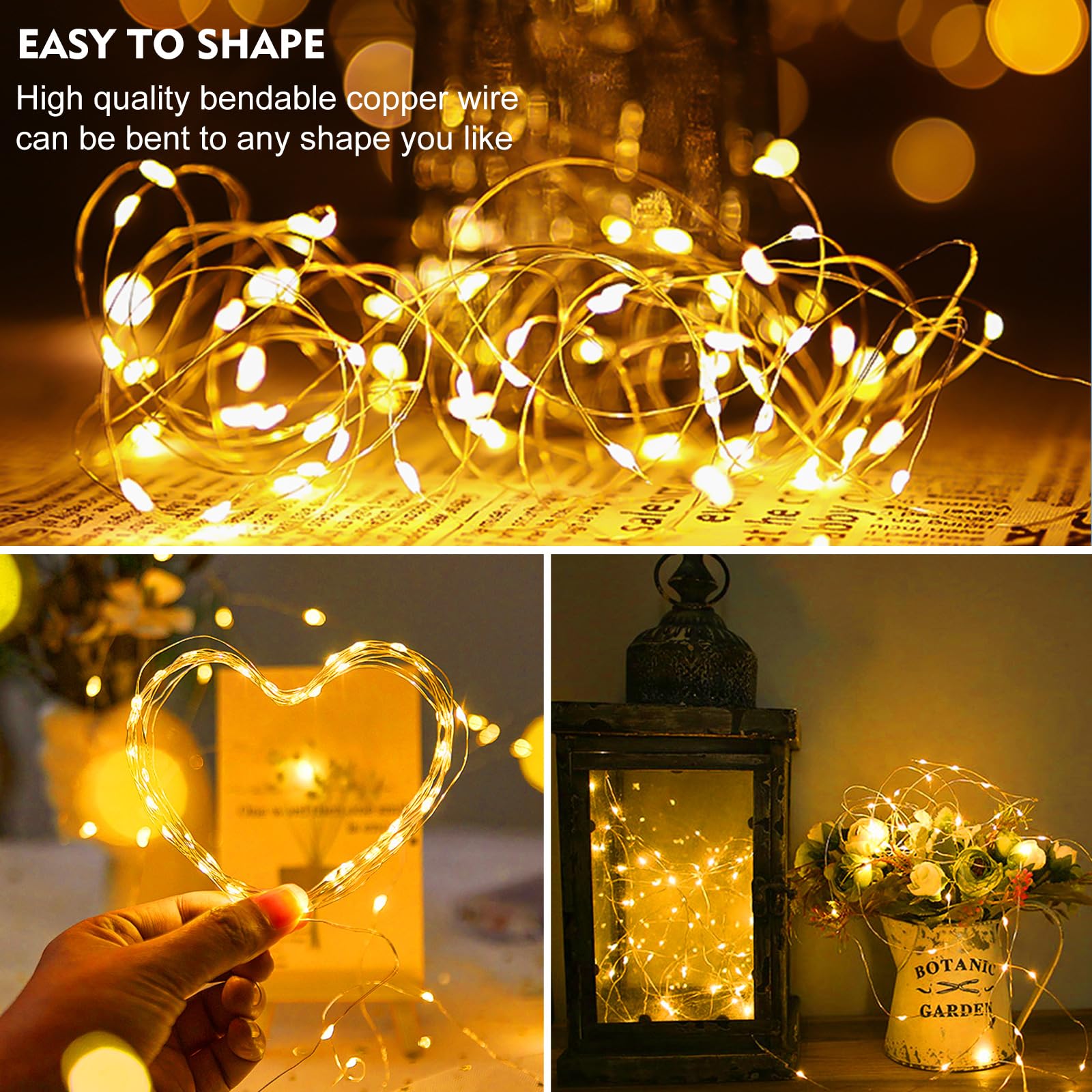 pozzolanas 50 Stück warmweiße Lichterkette, batteriebetrieben, 3 Modi, 20 LEDs, wasserdichte Lichterkette, funkelnder Silberdraht für Einmachgläser, Hochzeit, Weihnachten, Halloween, Party-Dekoration